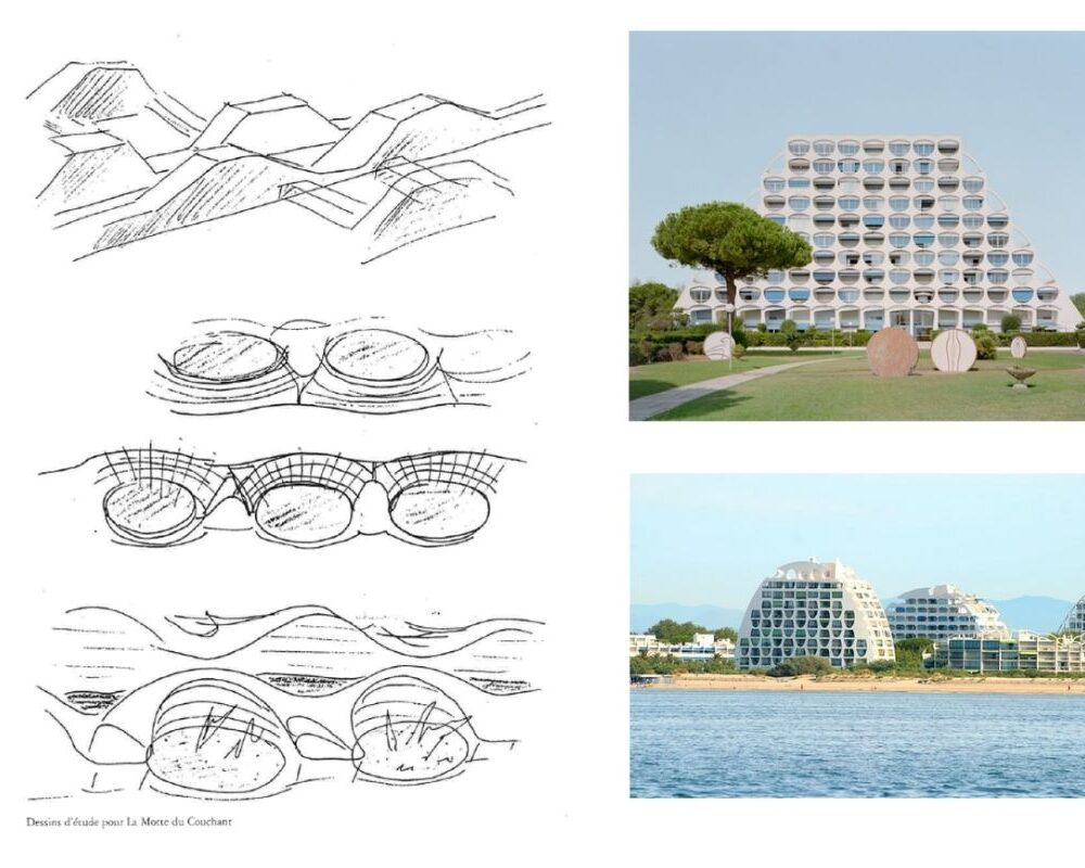 Jean Balladur's Design Sketches and Built Architecture of La Grande-Motte Concept sketches by Jean Balladur alongside the completed pyramid-shaped buildings of La Grande-Motte, illustrating the evolution from architectural ideas to the built urban landscape.