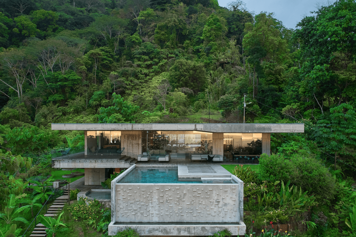Modern concrete residence surrounded by lush tropical forest illustrating biophilic architecture