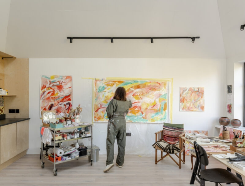 Anne Terselius Claridge working inside Anne’s Art Studio by Richmond Bell Architects